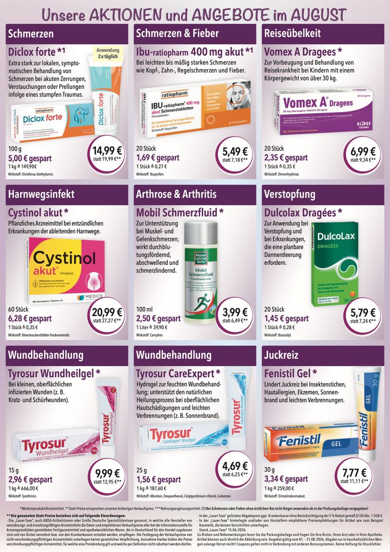 Monatlicher Angebotsflyer der Apotheke im Chinon Center mit Informationen zu Öffnungszeiten, Leistungen, Aktionen und wechselnden Produktangeboten aus Bereichen wie Gesundheit, Pflege und Selbstmedikation.